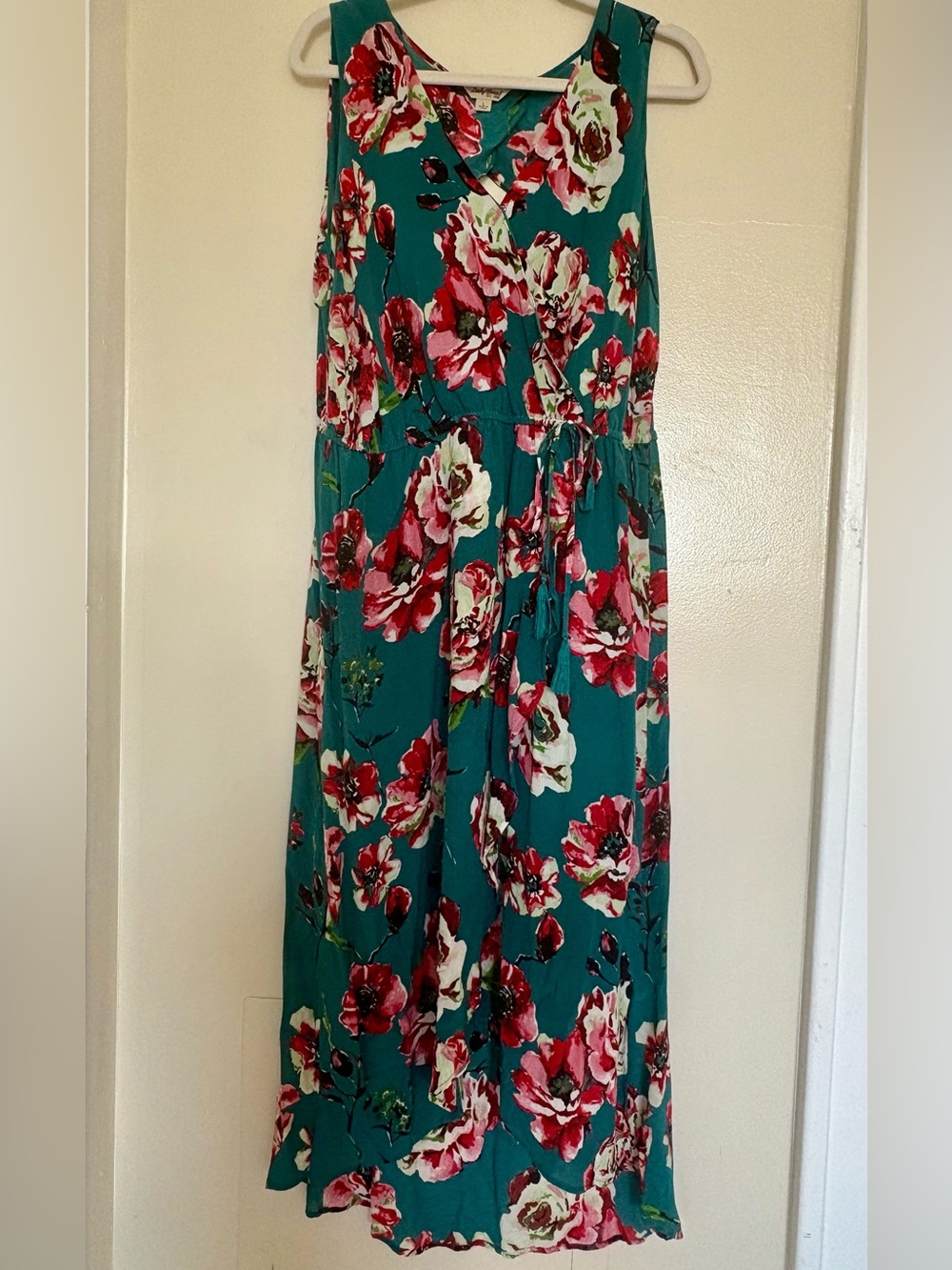 Lucky Brand Teal Maxi Dress with Pink and Red Floral Print